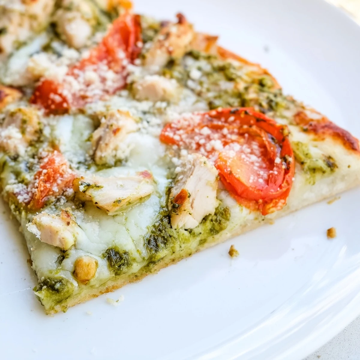 Golden-brown Chicken Pesto Pizza on a rustic wooden board, featuring vibrant green pesto, tender chicken pieces, and melted cheese.  