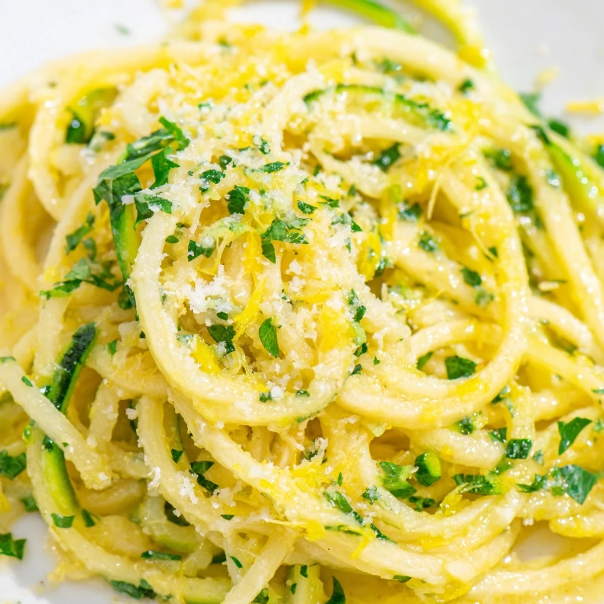 Tossed spiralized zucchini and al dente spaghetti in a bright lemon butter sauce, topped with fresh parsley and grated Parmesan for a fresh Italian-inspired dinner.