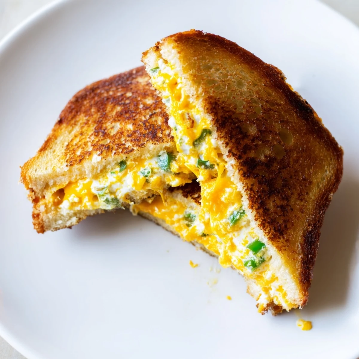A close-up of a golden-brown Jalapeño Popper Grilled Cheese, oozing with melted cream cheese and sharp cheddar, served on a rustic cutting board.