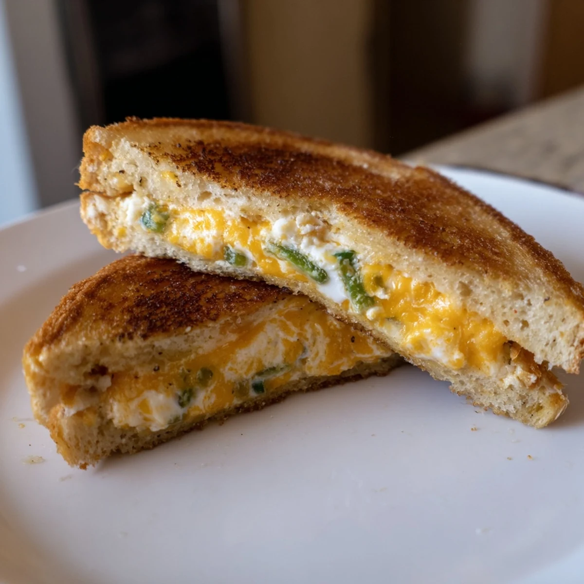 Two crispy Jalapeño Popper Grilled Cheese sandwiches sit next to fresh jalapeño slices and a bowl of creamy tomato soup.