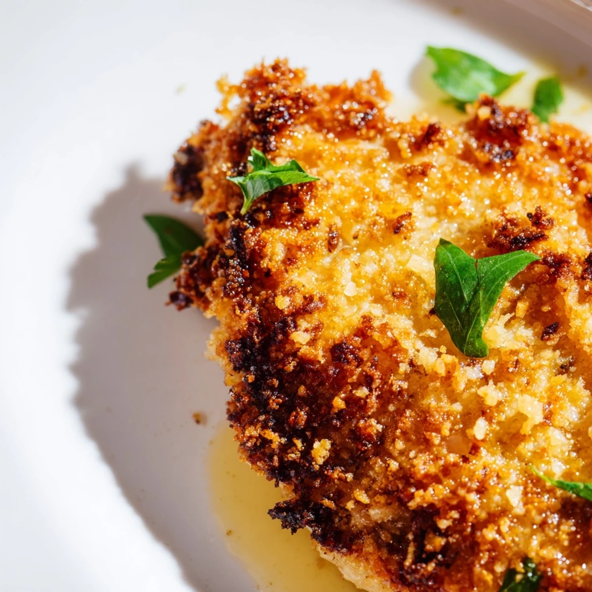 Close-up view of tender Roasted Garlic Parmesan Chicken, revealing juicy meat beneath the savory, golden breadcrumb coating.