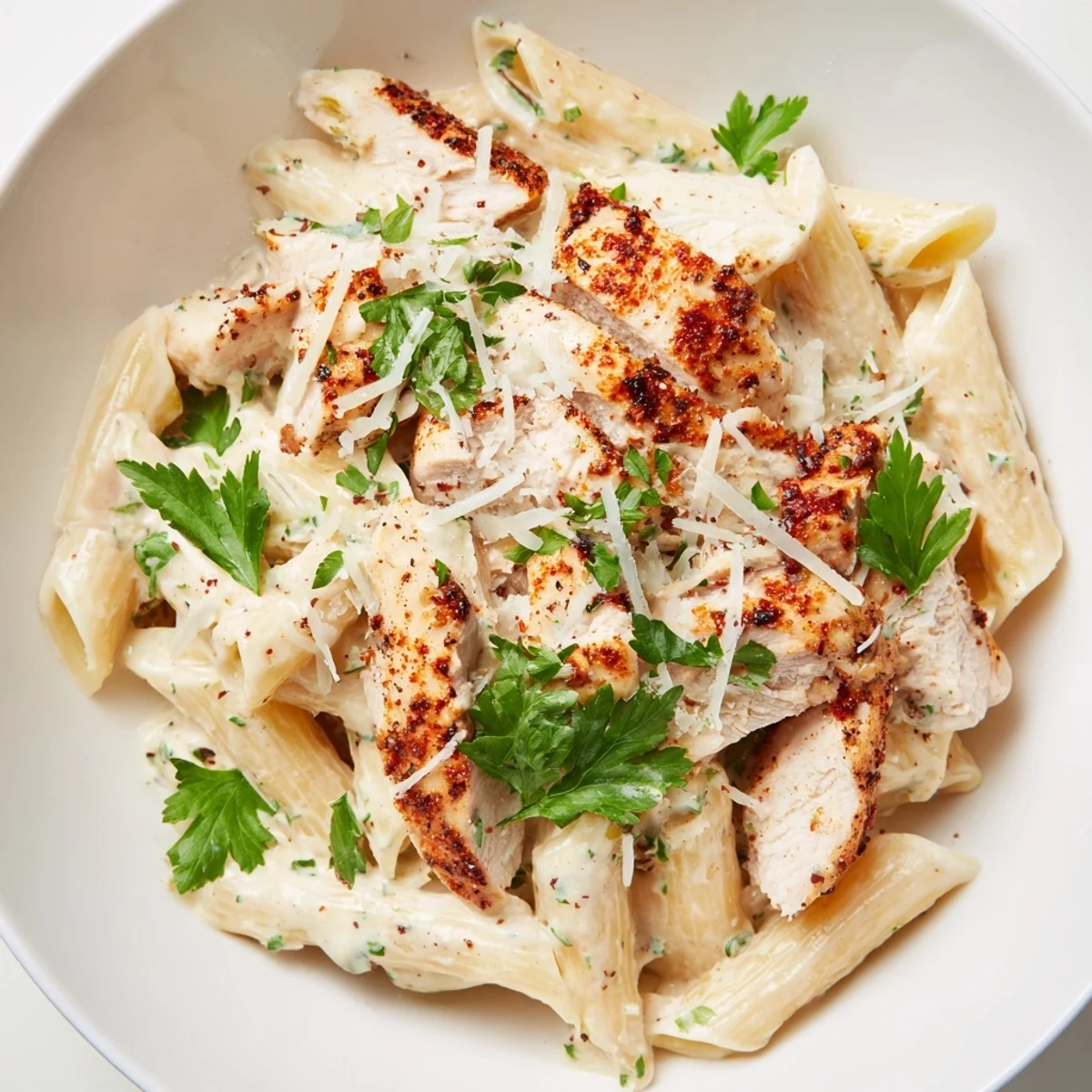 Golden-brown grilled chicken slices rest atop a vibrant bowl of Spicy Chicken Caesar Pasta, with creamy dressing and fresh romaine.  