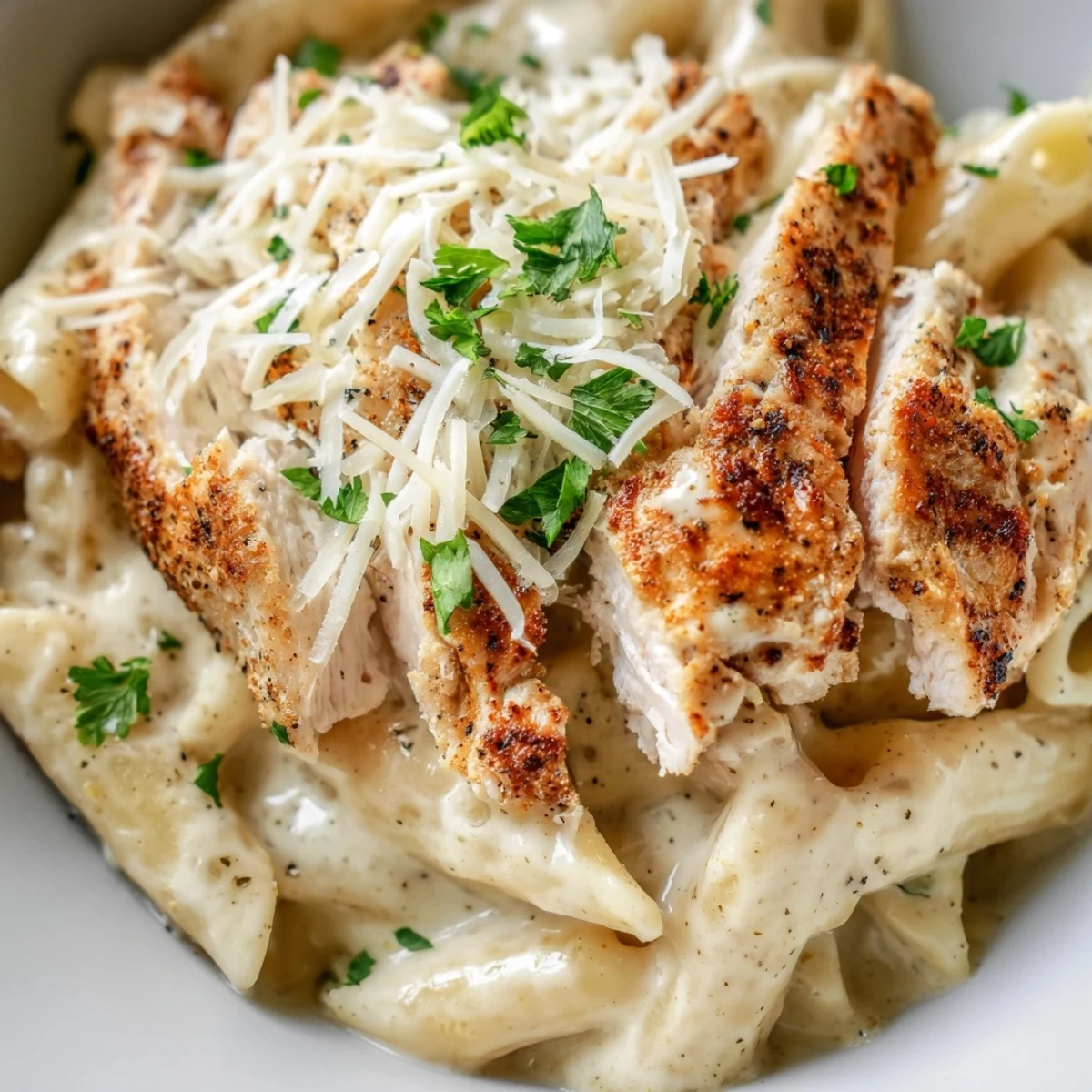 A fresh serving of Spicy Chicken Caesar Pasta combines spicy grilled chicken, crisp lettuce, and tangy dressing for a satisfying meal.
