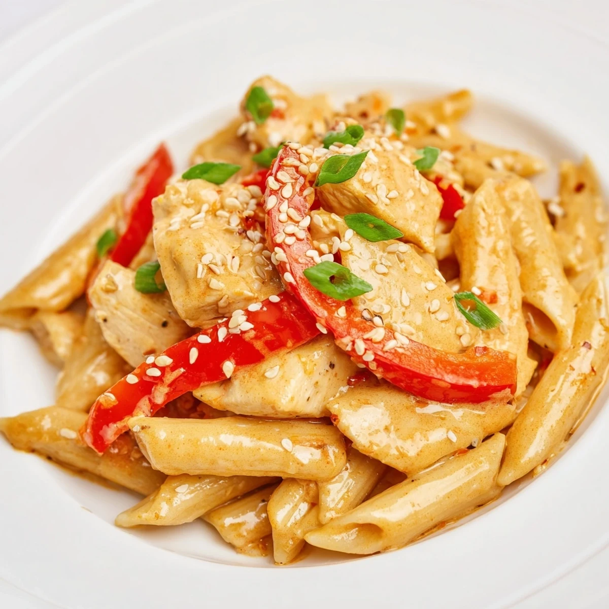 A close-up of Sweet Chili Chicken Pasta with tender chicken, red bell peppers, and creamy sauce coating every penne noodle.