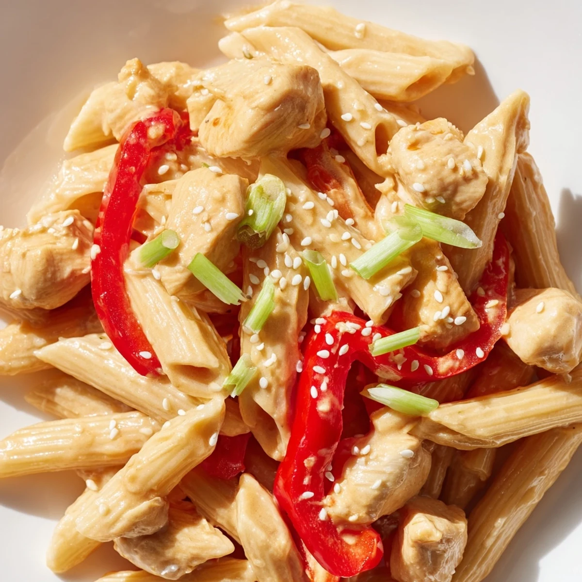 Sweet Chili Chicken Pasta is served hot, garnished with fresh cilantro, spring onions, and a sprinkle of toasted sesame seeds.