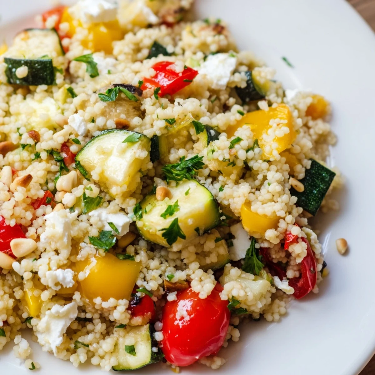 A warm Roasted Veggie Couscous Salad with roasted cherry tomatoes, crumbled feta, and toasted pine nuts ready to serve.