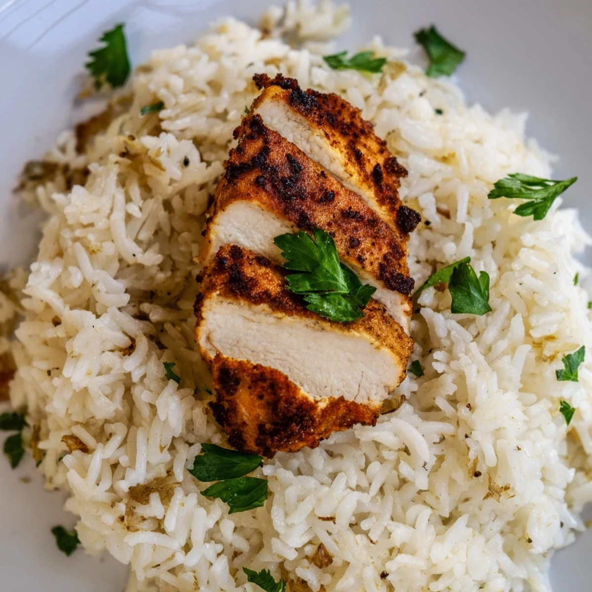 A close-up of Garlic Butter Rice with Chicken, featuring fluffy grains glistening with garlic butter and topped with juicy grilled chicken slices.
