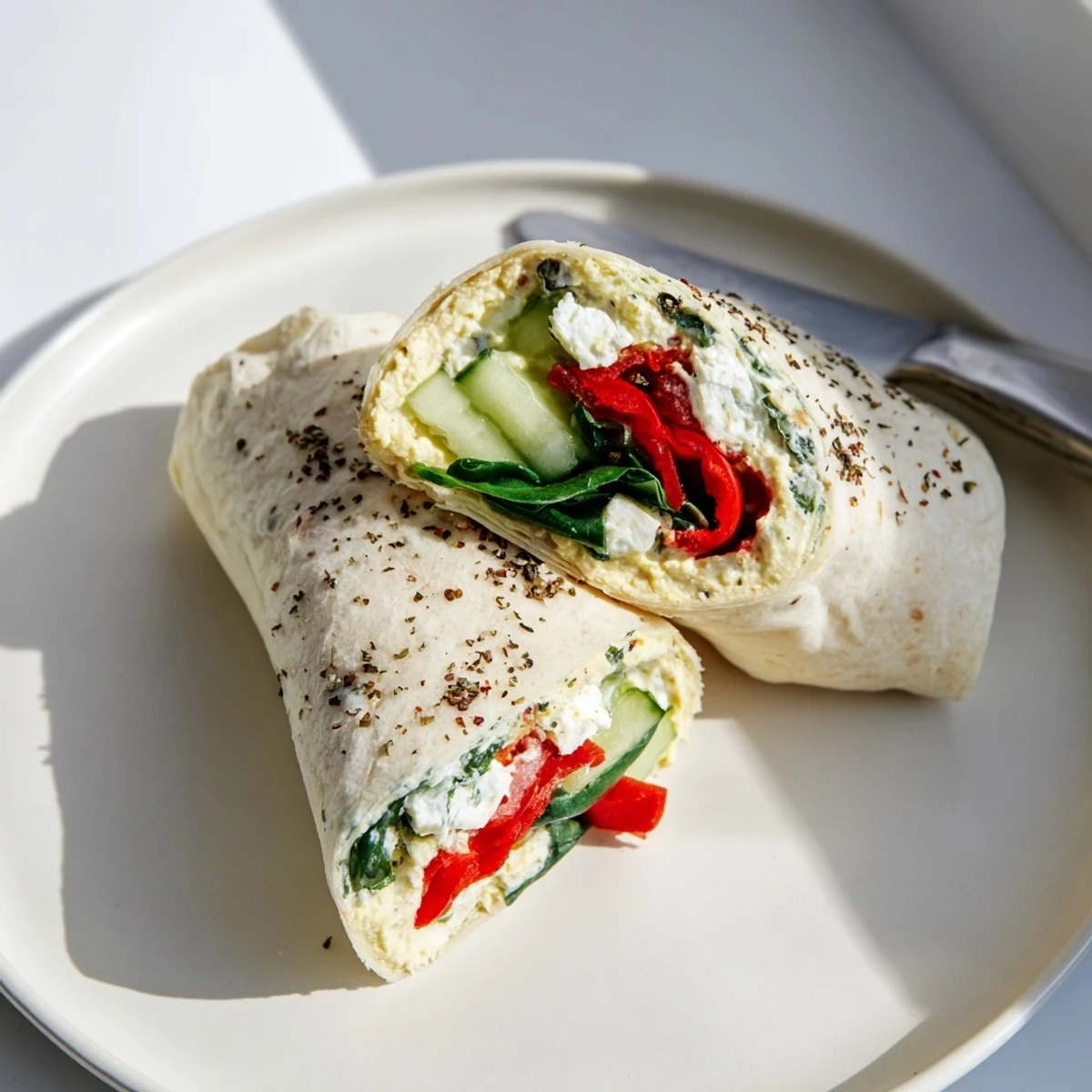 Freshly made Mediterranean Veggie Wrap with creamy hummus, roasted red peppers, and crisp spinach in a soft tortilla.