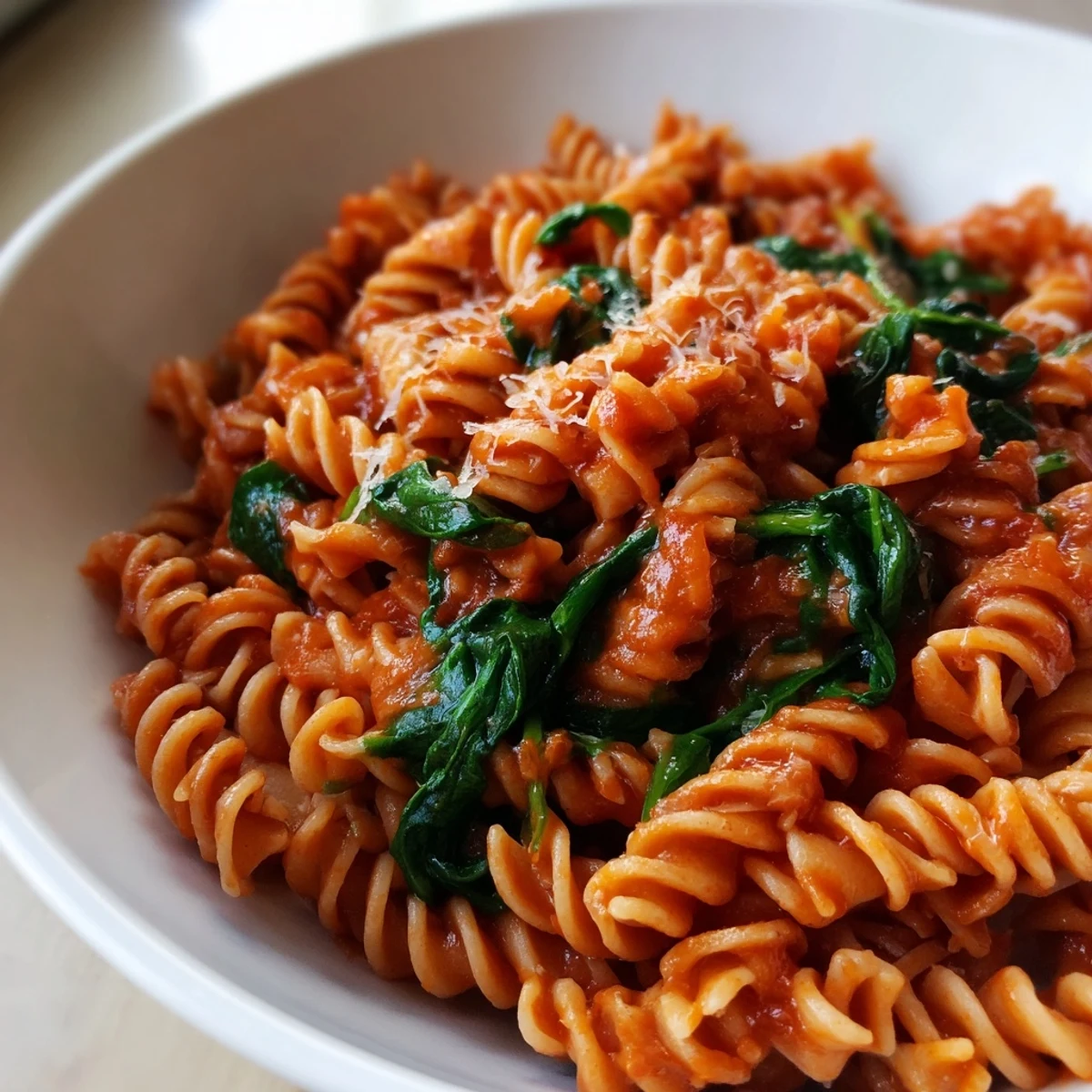 A steaming bowl of Tomato Spinach One-Pot Rotini, featuring tender pasta coated in a rich tomato broth with wilted fresh spinach leaves and a sprinkle of Parmesan cheese.  