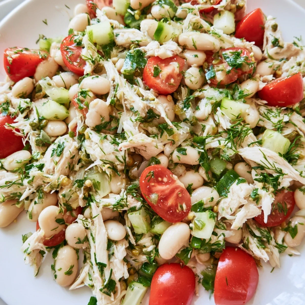 Freshly tossed Lemony White Bean Chicken Salad shows tender chicken, creamy beans, and crisp celery in a bright lemon vinaigrette.