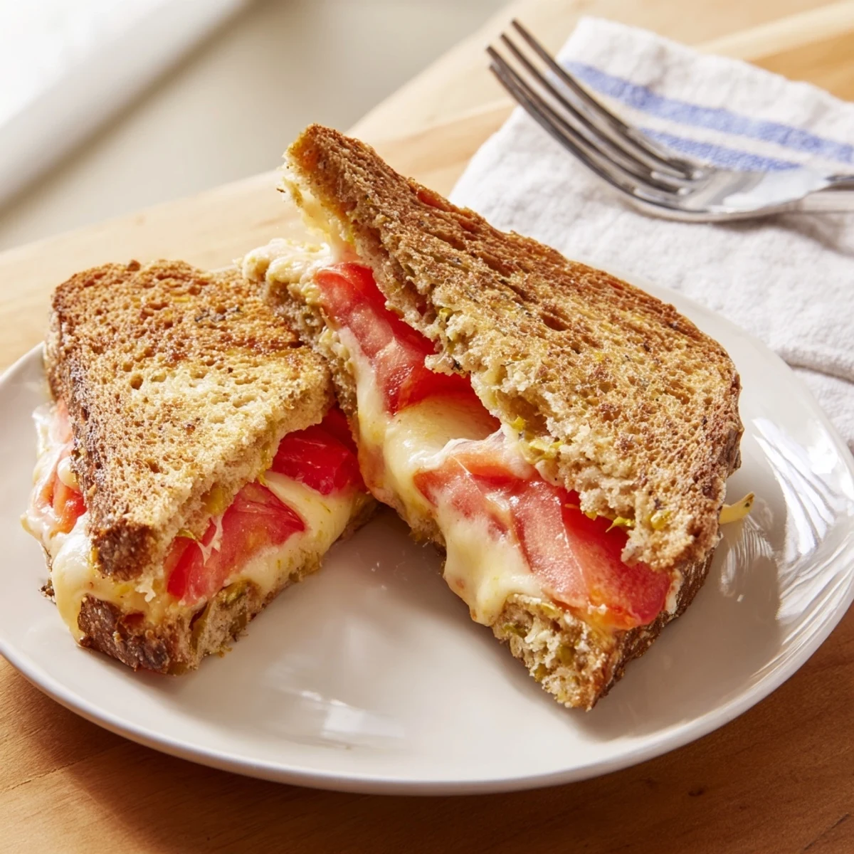 A close-up of Pepper Jack & Tomato Grilled Cheese on a cutting board, with melty cheese stretching from the golden, crispy bread.