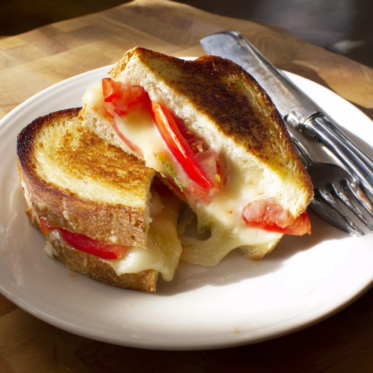 Two halves of a Pepper Jack & Tomato Grilled Cheese sandwich on a plate, served alongside a creamy bowl of tomato soup.