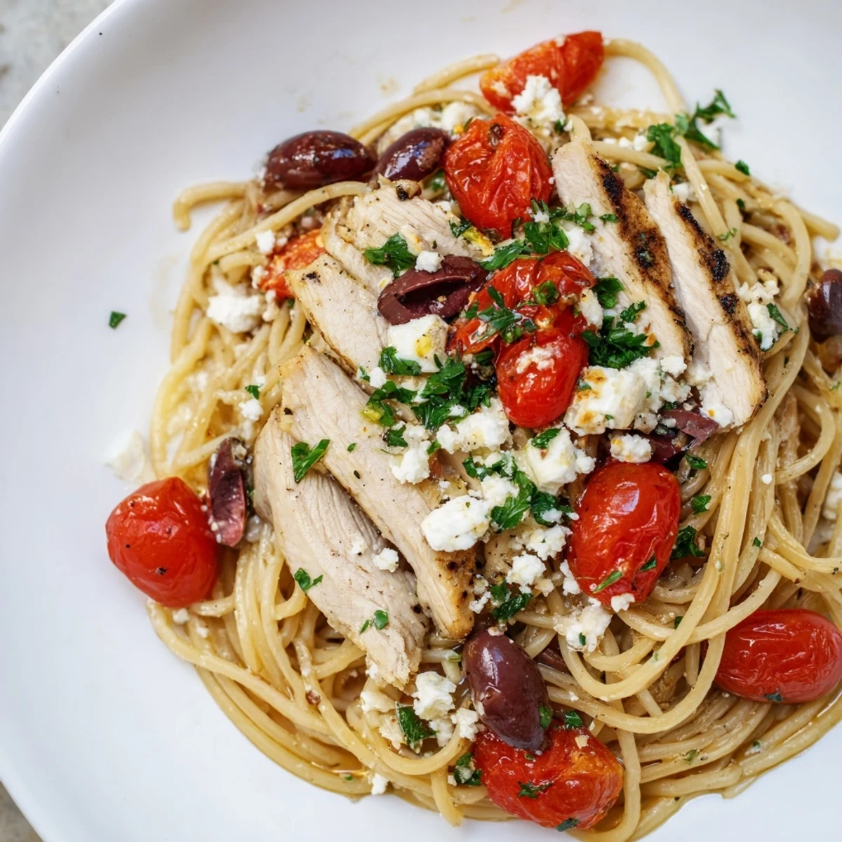 A close-up photo of Greek Chicken Spaghetti featuring grilled chicken strips, halved cherry tomatoes, and crumbled feta cheese tossed with spaghetti on a rustic plate.  