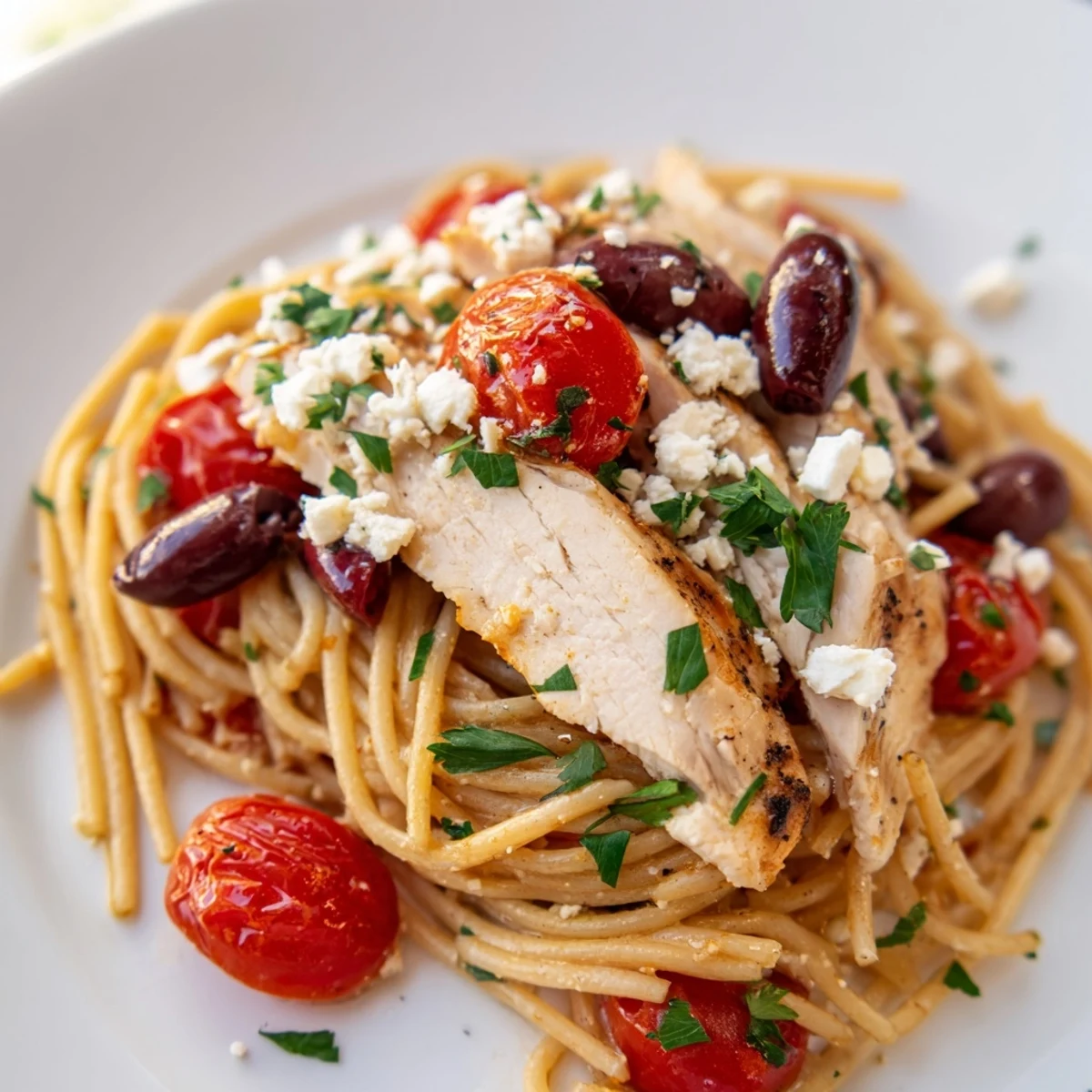 Fresh parsley and Kalamata olives garnish this vibrant Mediterranean pasta dish, served alongside a glass of crisp white wine for an authentic Greek-inspired dinner.  