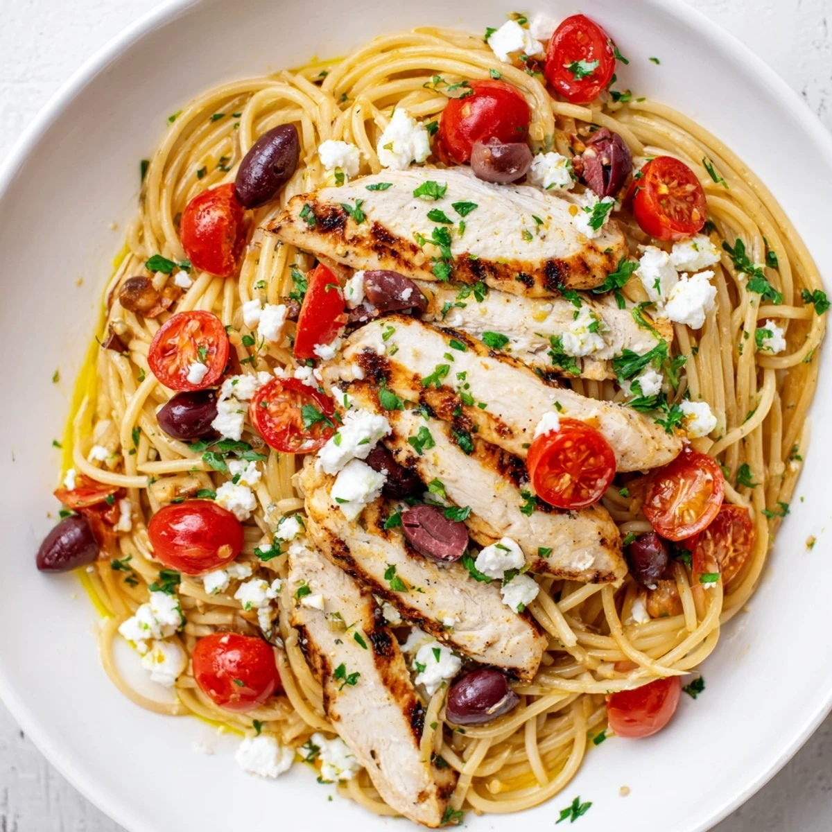 This easy Greek Chicken Spaghetti recipe showcases juicy grilled chicken, briny olives, and creamy feta, all tossed with spaghetti in a light lemon-herb dressing.