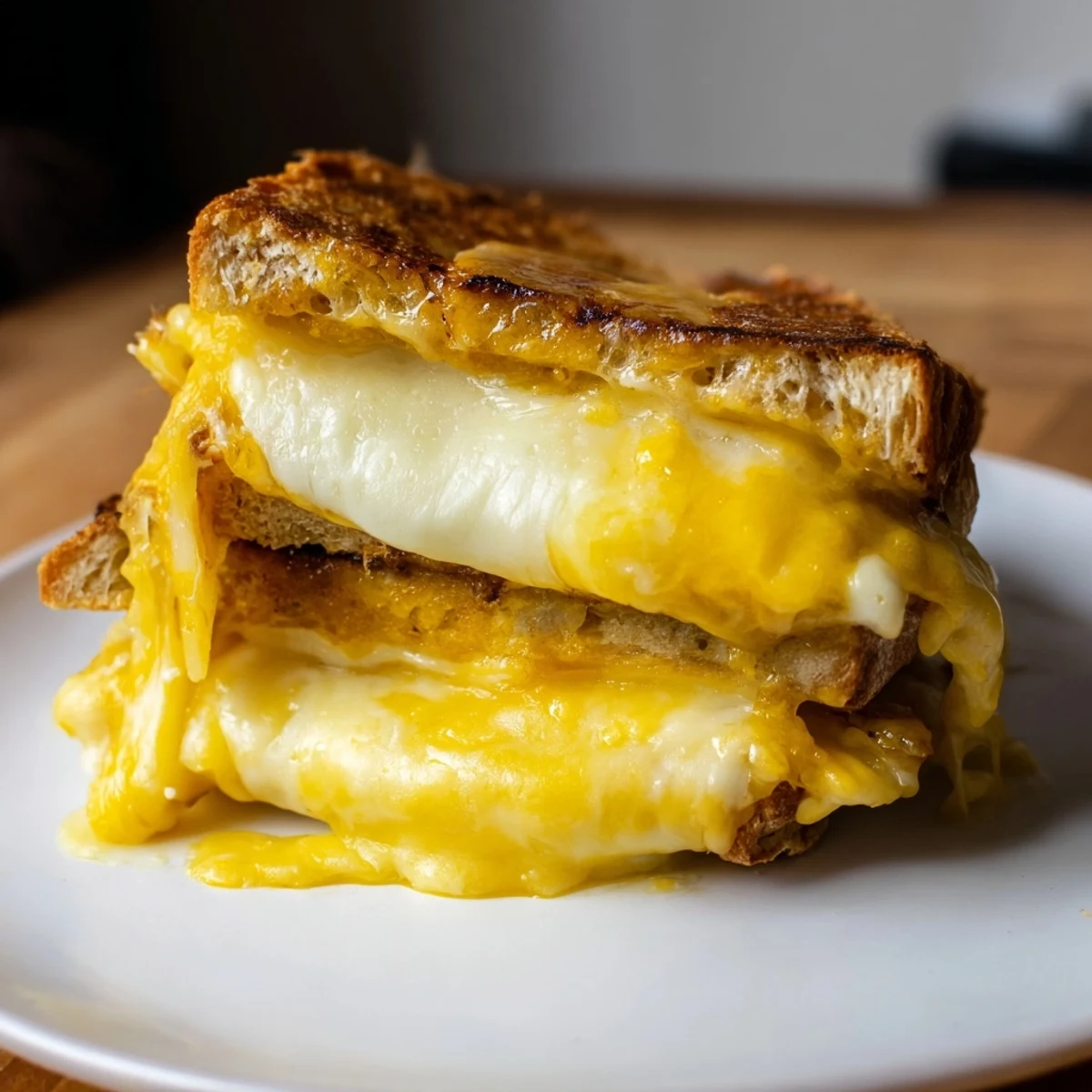 Triple Cheese Sourdough Grilled Cheese served hot with melted cheddar, provolone, and mozzarella oozing from crispy golden sourdough slices.