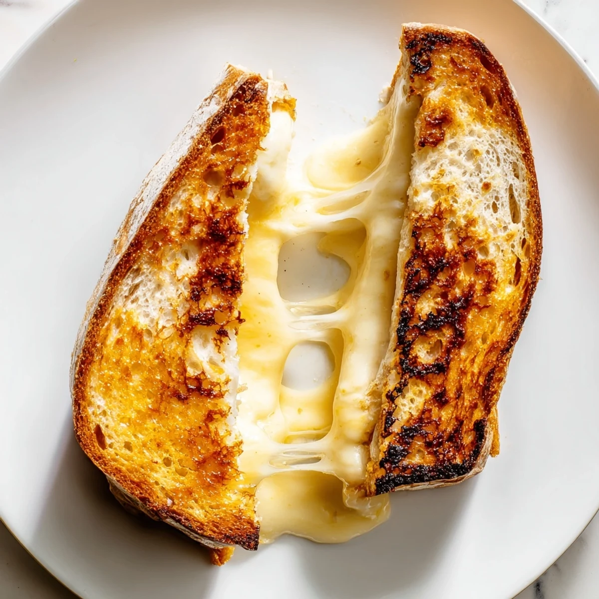A close-up of Triple Cheese Sourdough Grilled Cheese with bubbly, browned crust, ready to dip into a warm bowl of tomato soup.