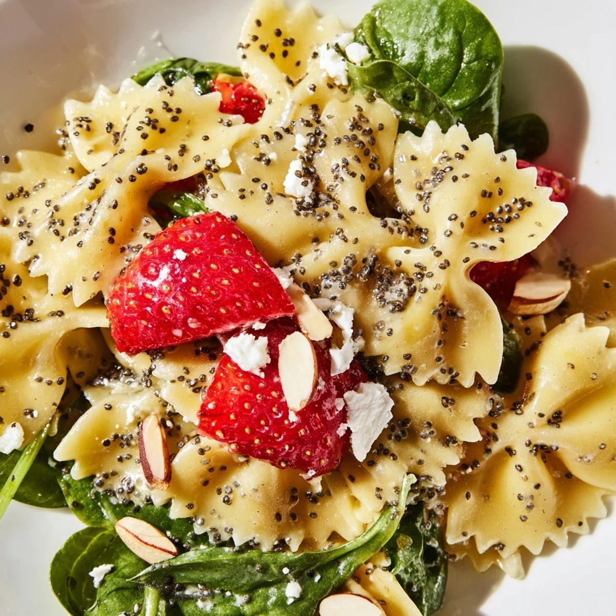 Fresh spinach and sliced strawberries mingle with bow-tie pasta in a vibrant Spring Spinach Strawberry Pasta Salad, tossed in a creamy poppy seed dressing.