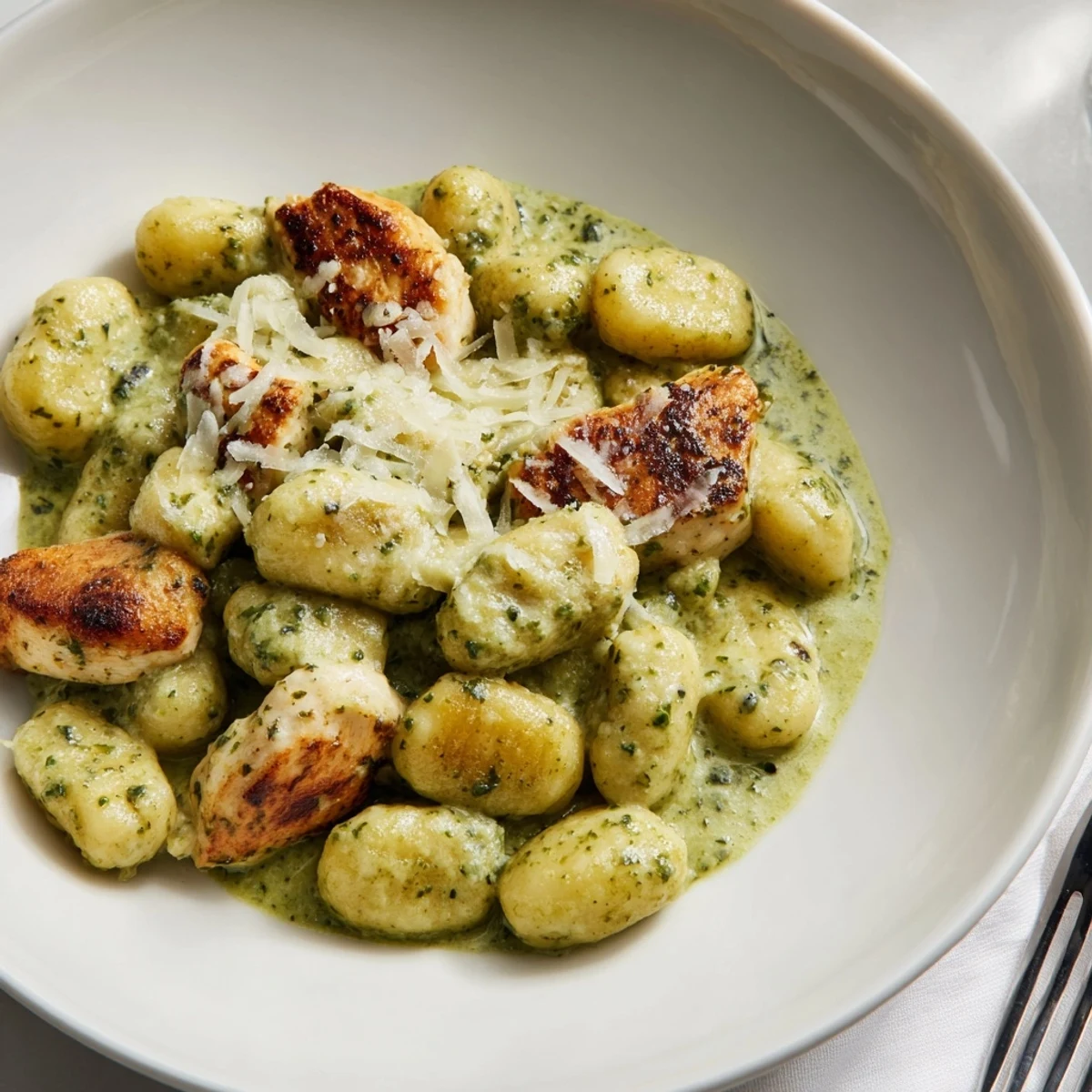 Creamy pesto gnocchi with chicken served in a skillet, garnished with fresh basil and grated Parmesan.  