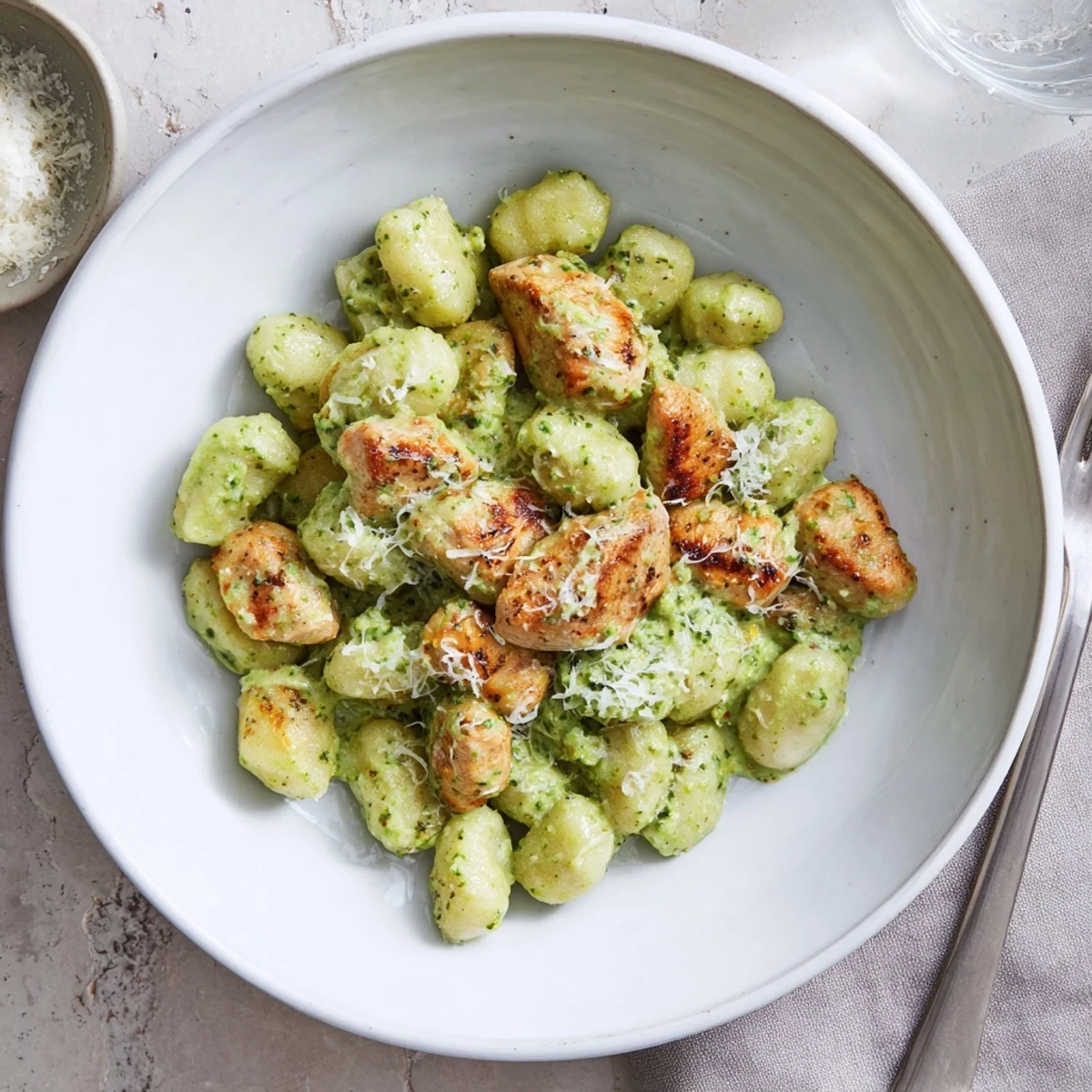 Italian-inspired creamy pesto gnocchi with chicken, perfect for a quick, comforting weeknight dinner.
