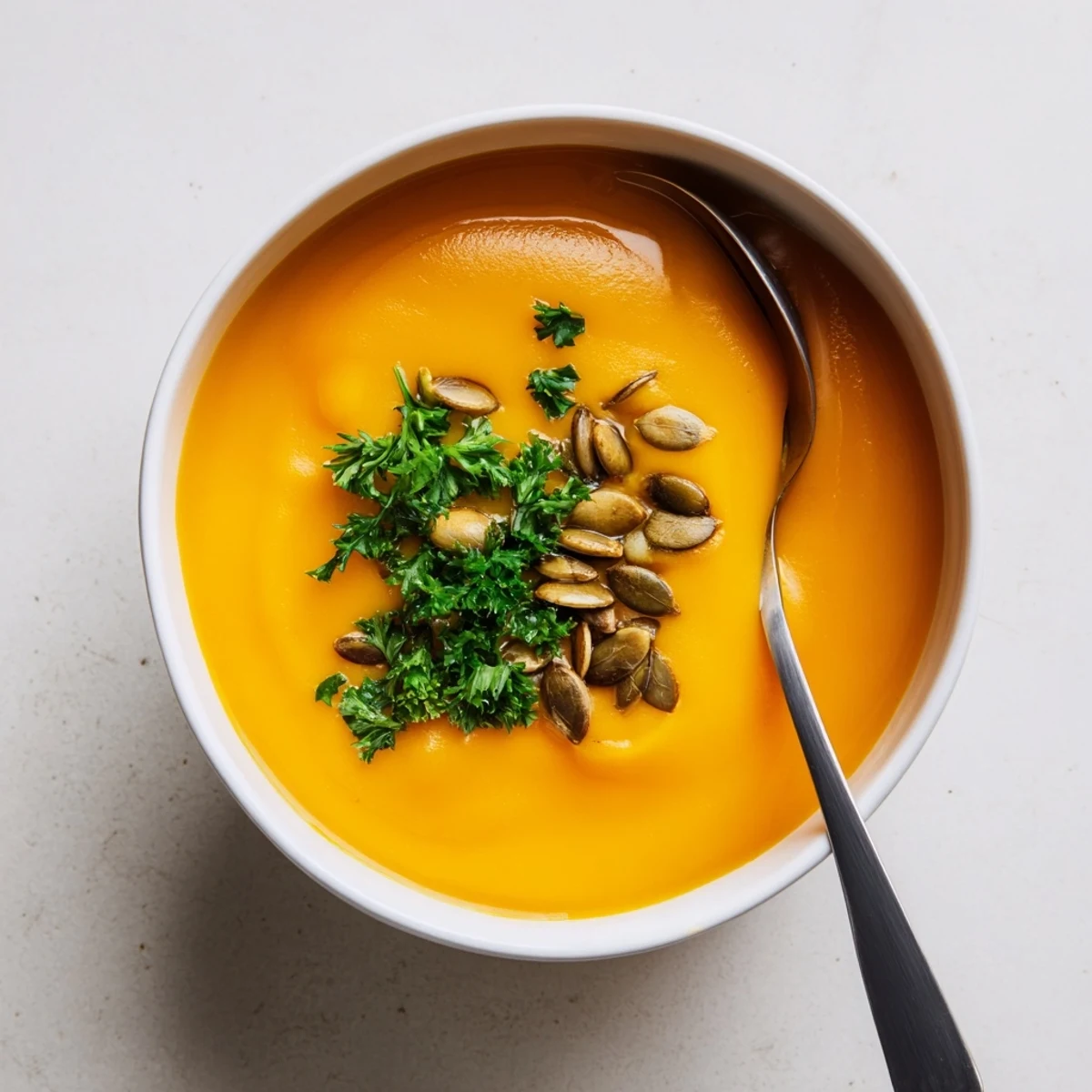 A warm bowl of creamy Butternut Squash and Apple Soup, garnished with toasted pumpkin seeds and fresh parsley for a comforting autumn meal.
