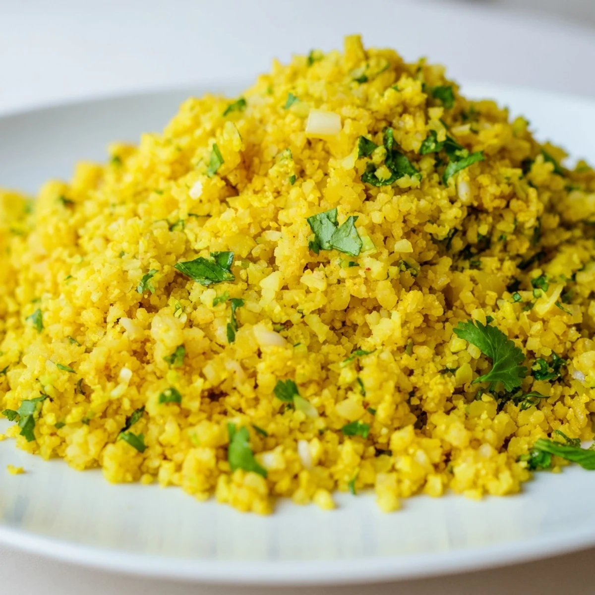 Close-up of vibrant Turmeric Cauliflower Rice with flecks of cilantro and lemon wedges, ready to serve.