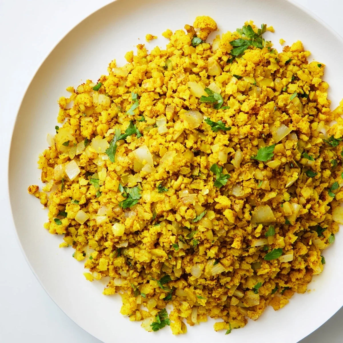 Heaping bowl of fluffy Turmeric Cauliflower Rice, sautéed with garlic and onion for aromatic flavor.