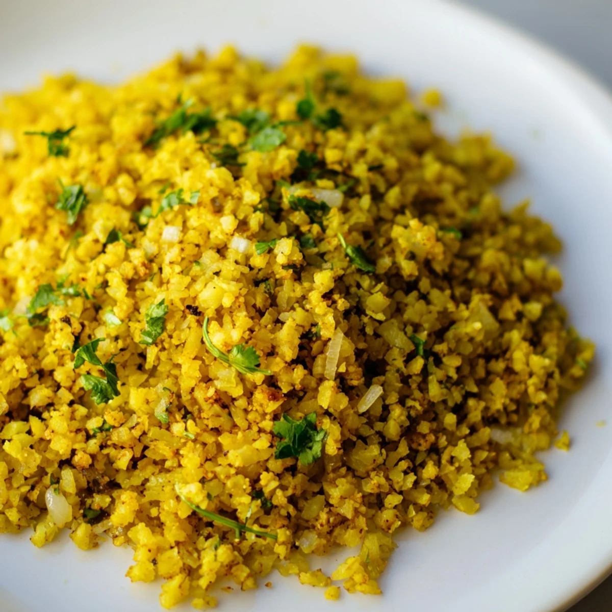 Golden Turmeric Cauliflower Rice garnished with fresh parsley and a light drizzle of olive oil.