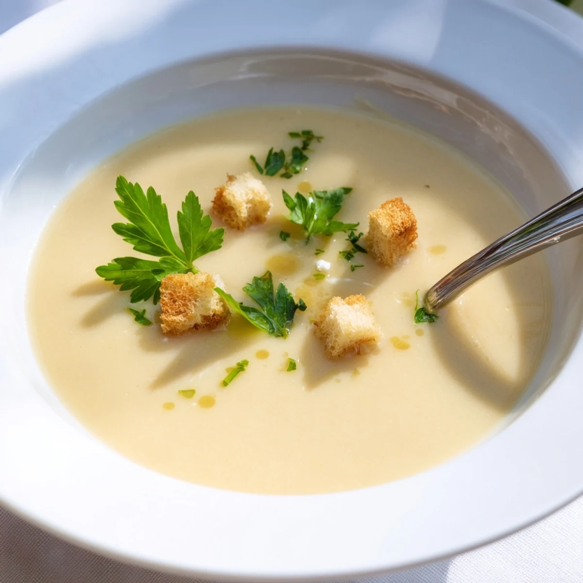 Creamy roasted garlic soup garnished with fresh parsley, served in a rustic white bowl.