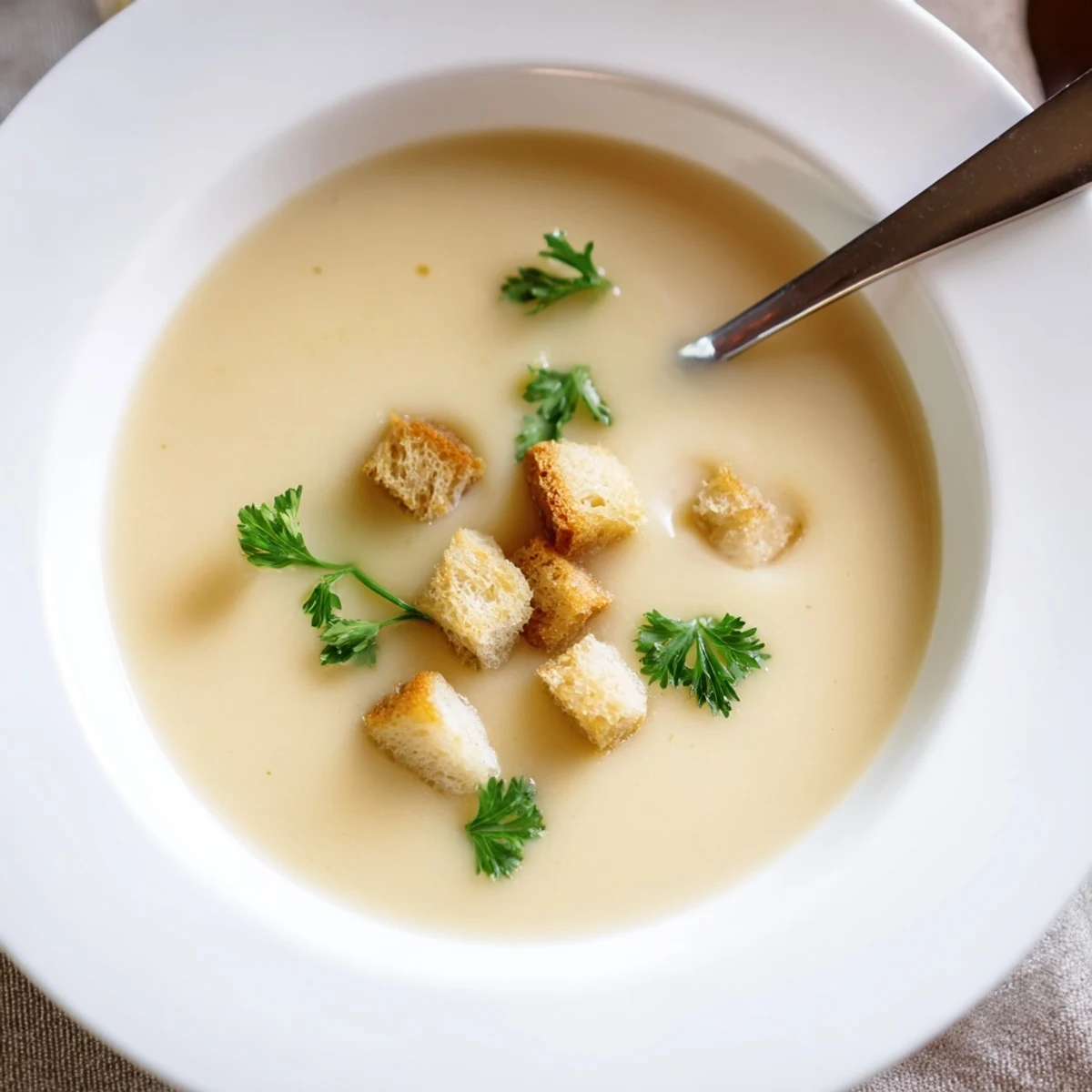 Velvety roasted garlic soup with golden roasted garlic cloves and a warm, comforting steam.