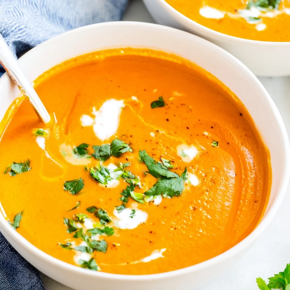 A vibrant bowl of Carrot Ginger Soup garnished with fresh herbs, perfect for a healthy, comforting meal.  