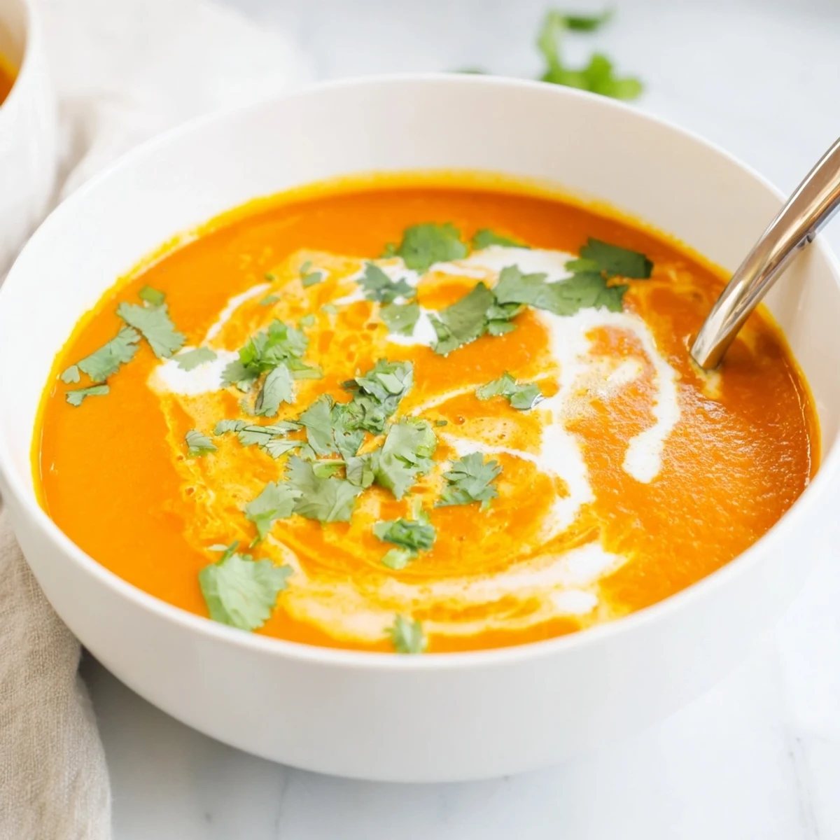 Silky Carrot Ginger Soup served with crusty bread on the side, highlighting its bright orange color.