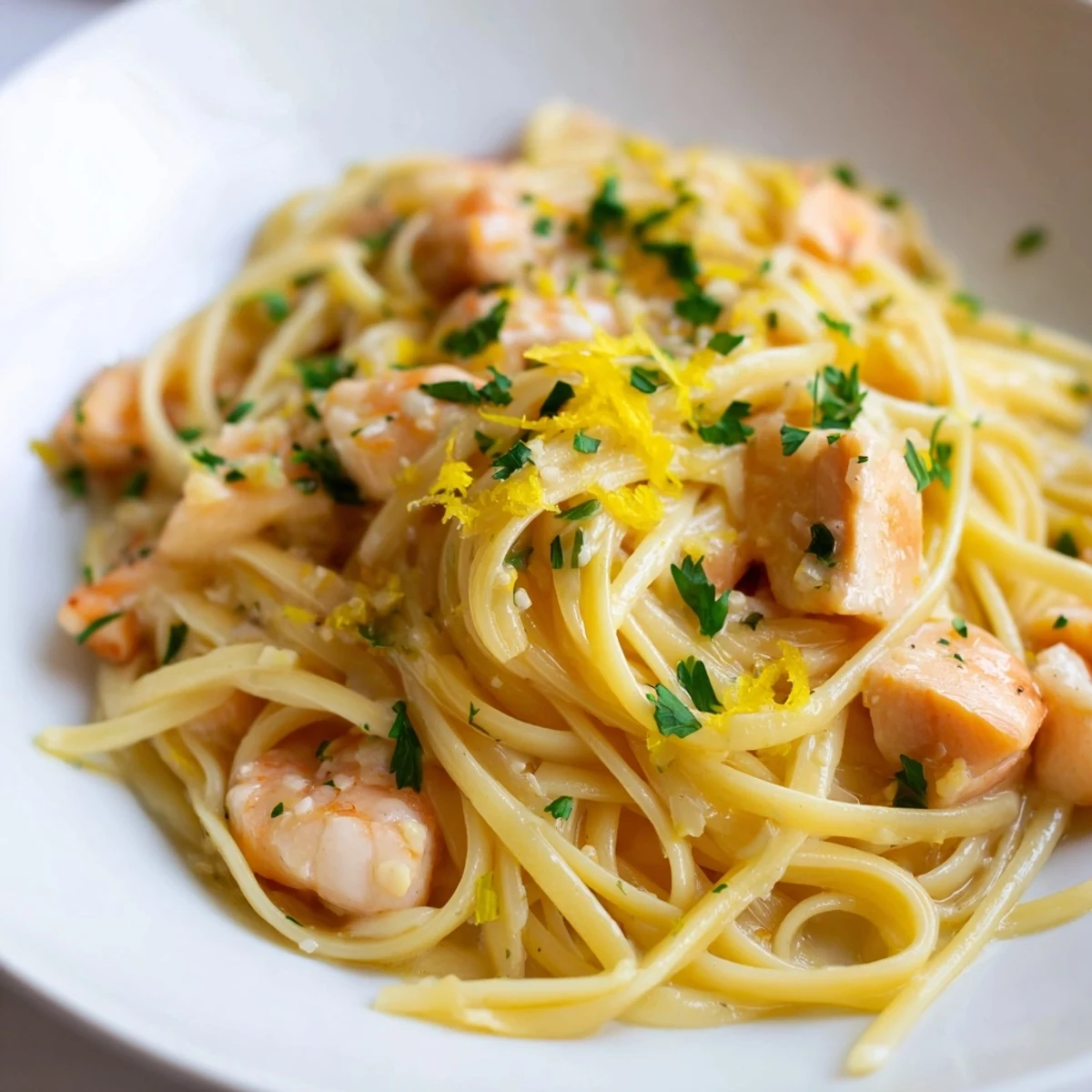 Al dente linguine coated in a glossy lemon garlic butter sauce, topped with succulent shrimp and tender chicken pieces.