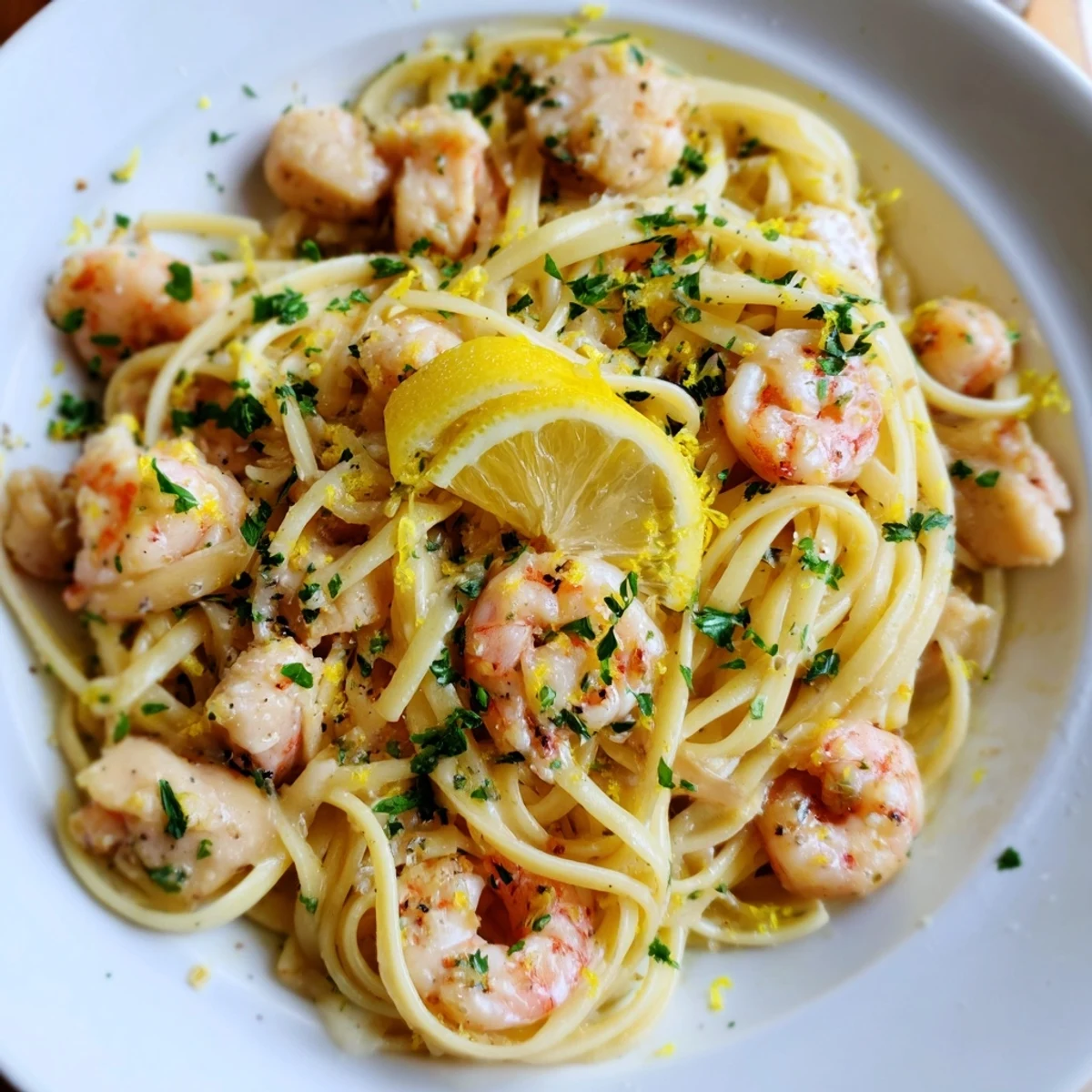 Serving suggestion for Lemon Garlic Shrimp & Chicken Pasta: garnished with lemon wedges and parsley, ideal for a family dinner.