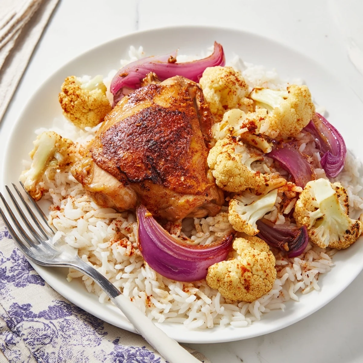 Golden roasted cauliflower florets and juicy chicken thighs seasoned with smoked paprika and cumin on a sheet pan.