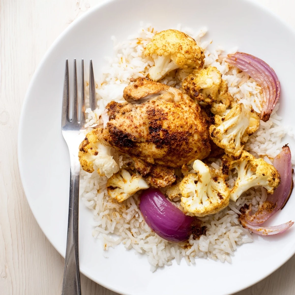 Roasted Cauliflower Chicken Sheet Pan dinner garnished with lemon wedges and cilantro, fresh from the oven.