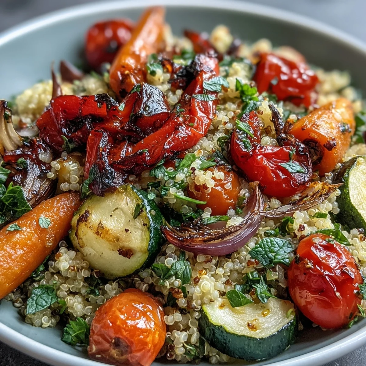 A bowl of fluffy Quinoa Vegetable Pilaf studded with roasted red bell pepper, zucchini, and cherry tomatoes, garnished with fresh parsley.
