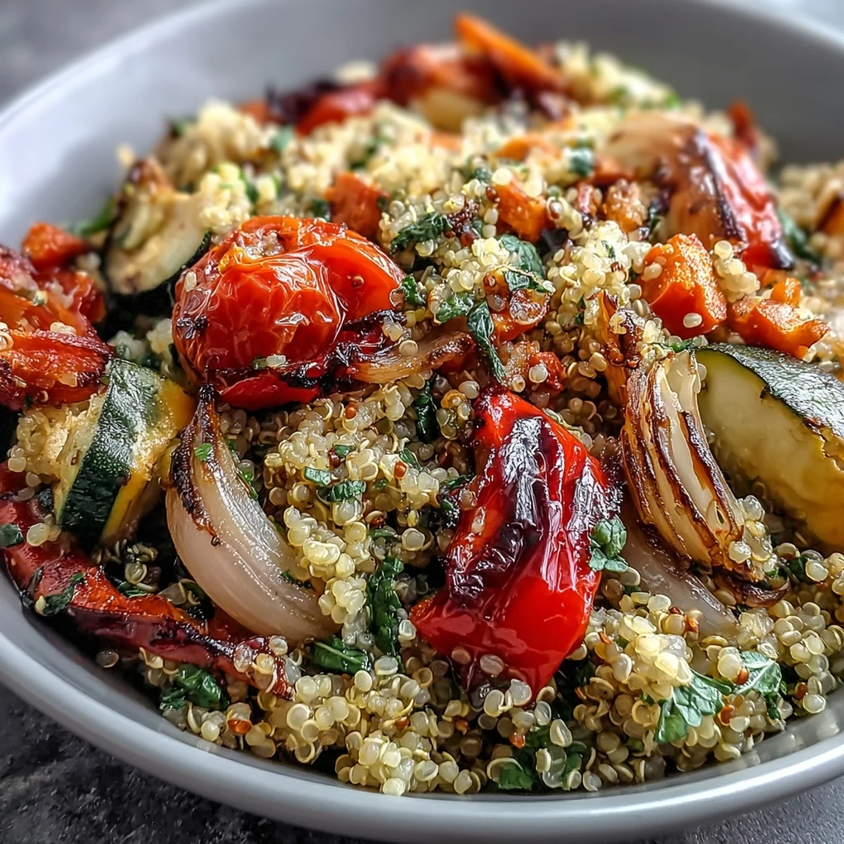 Colorful roasted vegetables tossed with fluffy quinoa and fresh herbs in Quinoa Vegetable Pilaf, served warm in a rustic white bowl.