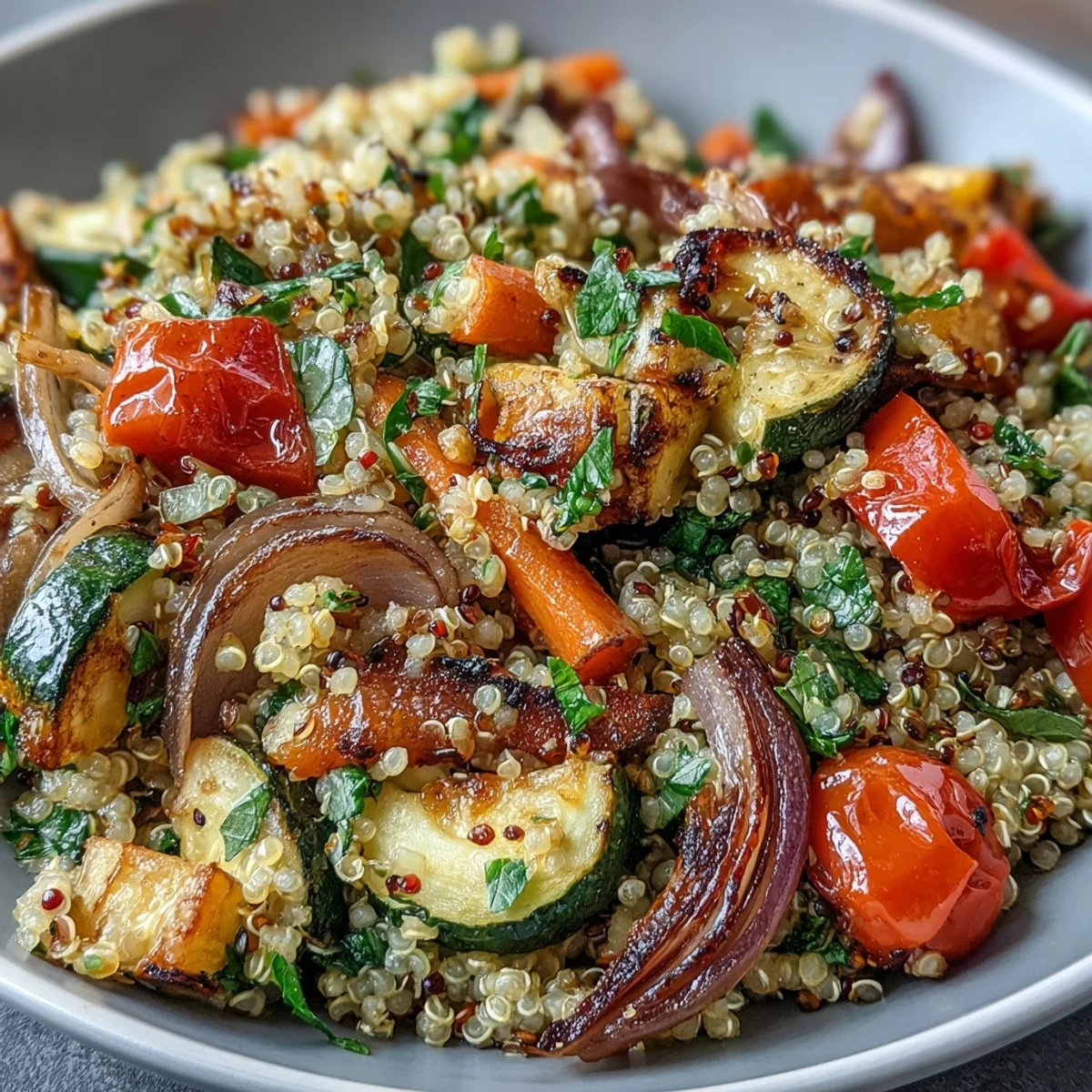 Healthy Quinoa Vegetable Pilaf featuring tender roasted carrots, zucchini, and red onion, finished with lemon juice and fresh mint for brightness.