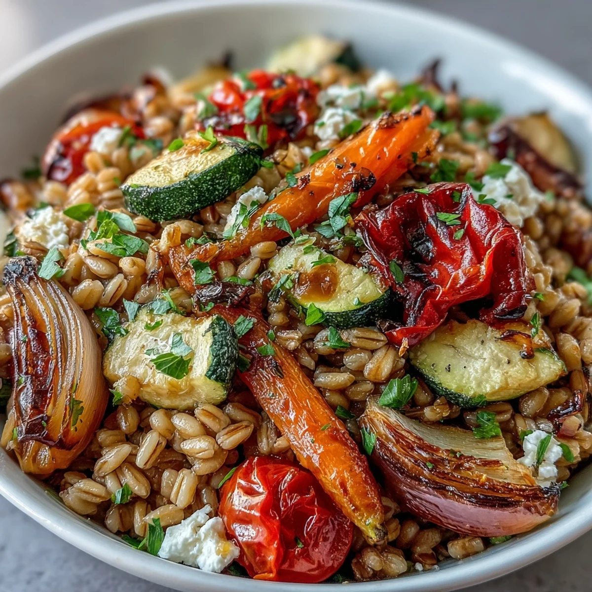 Steaming bowl of farro with roasted vegetables, featuring caramelized red bell peppers, zucchini, and cherry tomatoes in a balsamic dressing.