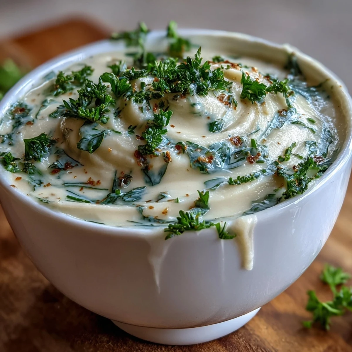 Golden roasted parsnip and herb soup in a rustic white bowl, garnished with fresh parsley and chives.