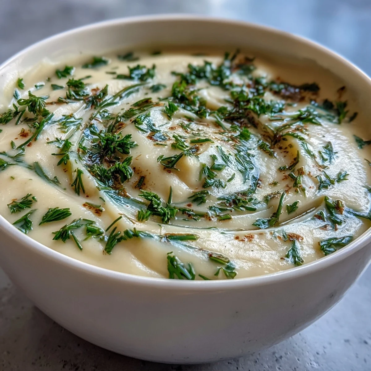 A creamy, steaming bowl of parsnip and herb soup topped with chopped dill and black pepper.