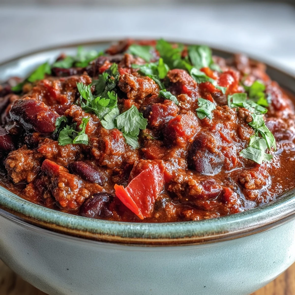 Steaming Slow Cooker Chili filled with ground beef, beans, and tomatoes, topped with cheese and cilantro.
