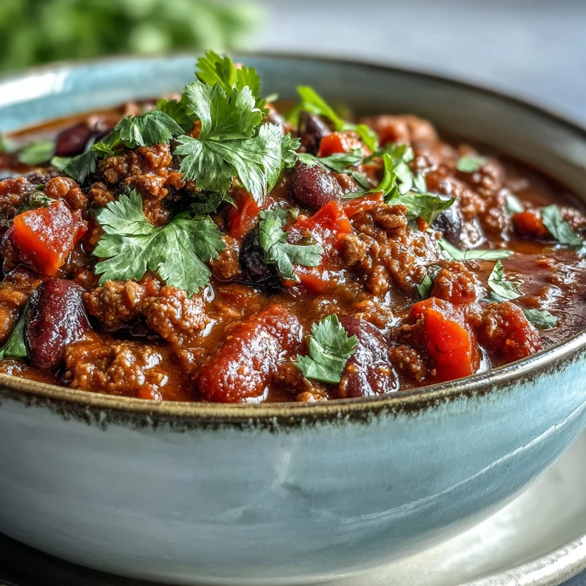 Hearty bowl of Slow Cooker Chili garnished with sour cream and green onions, served next to cornbread.