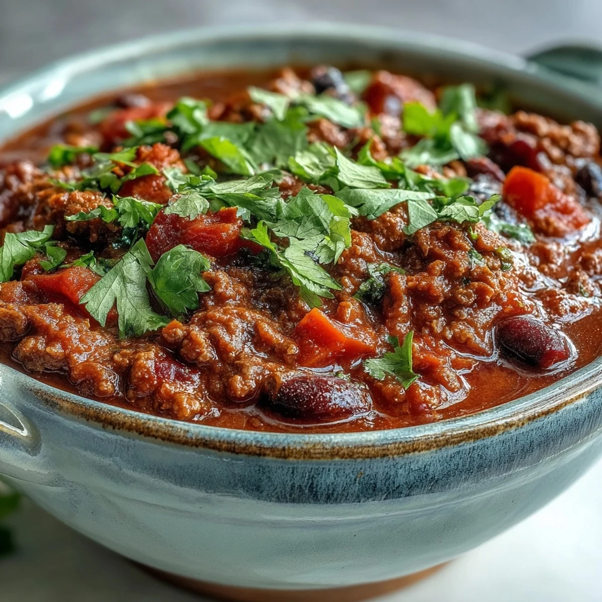 Rich and flavorful Slow Cooker Chili with a deep red broth and tender meat, ready to serve.