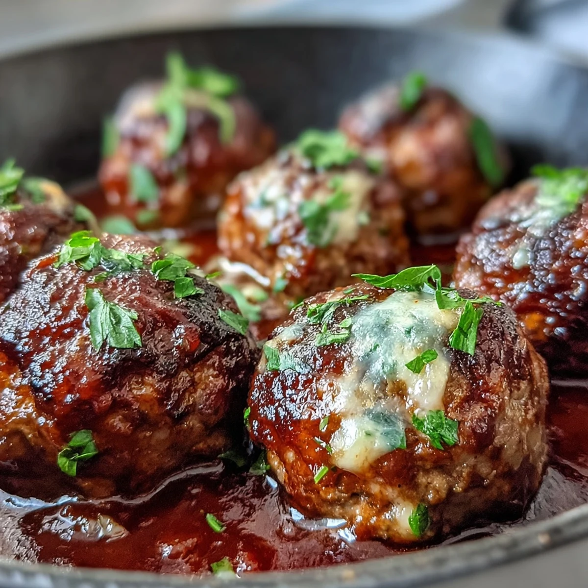 Savory Cheesy, Garlicky Meatballs With Marinara simmering in a rustic pan, garnished with fresh basil for an Italian family-style dinner.