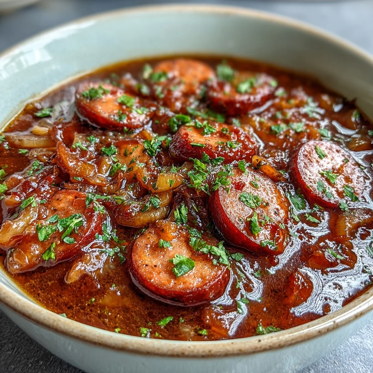A steaming bowl of Crock Pot BBQ Cocktail Sausage Soup, garnished with fresh parsley and served with crusty bread.