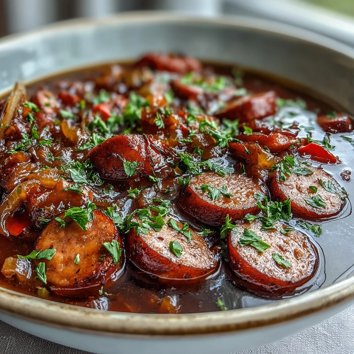 Hearty Crock Pot BBQ Cocktail Sausage Soup simmering in a slow cooker with red bell peppers and onions.