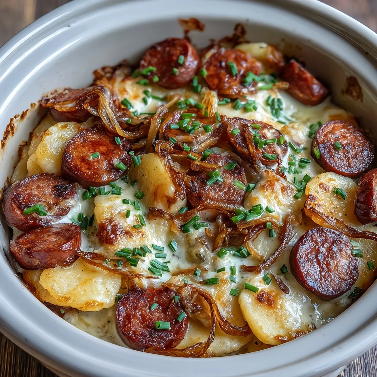 Golden brown, bubbly Crockpot Pierogi Casserole with Kielbasa is served fresh and hot from the slow cooker.