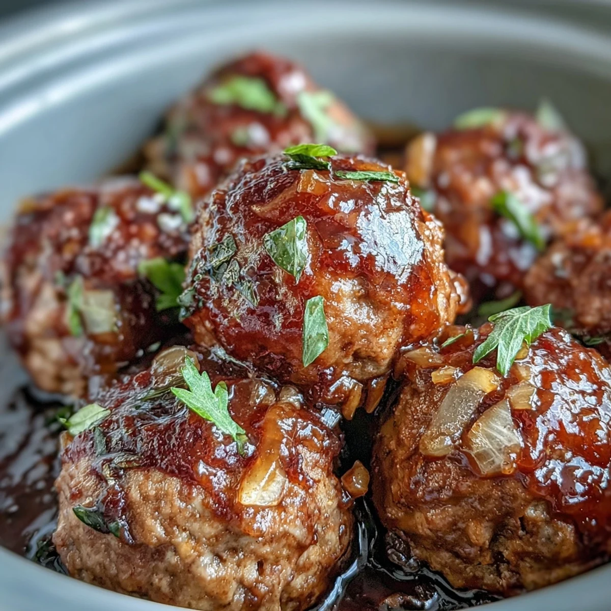 Slow Cooker Peach Glazed Meatballs simmer in a sweet, tangy sauce, garnished with fresh thyme and ready to serve hot from the cooker.
